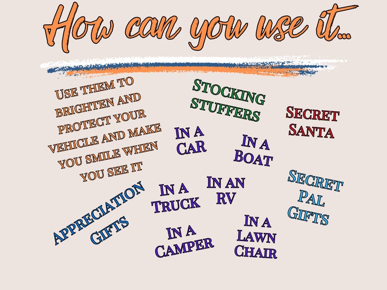 May include: A graphic with the text "How can you use it..." in orange. The graphic lists various ways to use a product, including "Stocking Stuffers", "Secret Santa", "Secret Pal Gifts", "Appreciation Gifts", and "In a Car, Boat, Truck, RV, Camper, Lawn Chair".
