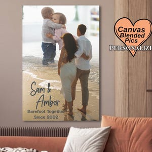 Fotografías únicas de antes y ahora superpuestas sobre lienzo con marco tipo galería para conmemorar eventos especiales: compromiso, boda, aniversario, graduación.