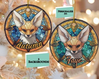 Adorno de vitral personalizado con diseño de zorro fénec, tinta sobre cerámica, adorno para árbol durante todo el año, regalo para coleccionistas y padres.
