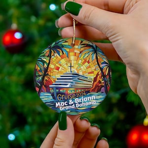 Custom Cruise 2024 Stained Glass Look of Ink on Ceramic Ornament, All Year Tree Cruise Ornament, Cruise Commemoration Gift, Cruise Souvenir