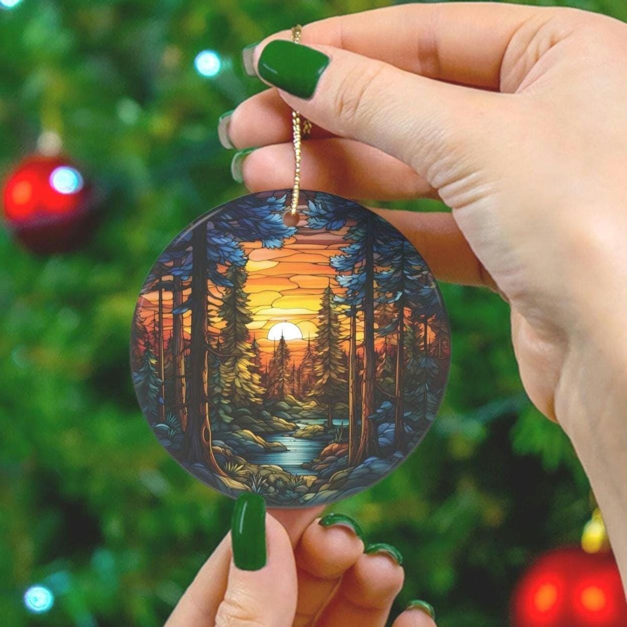 Pine Forest Stream and Sunset Hiker's Paradise Personalized Ornament, Camping and Hiking Vacation Souvenir, National Park Vacation Souvenir