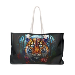 Tiger Personalisierte Weekender Gefütterte Einkaufstasche aus Buntglas-Look mit Tigeraugen Basis - Extra Große Tiger-Einkaufstasche für Yoga Strand Pool Einkaufen
