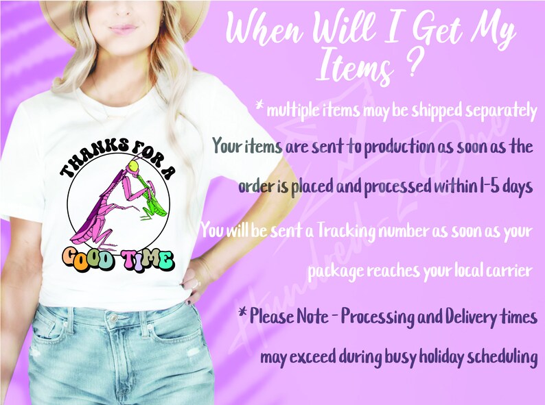 May include: White t-shirt with a graphic of a pink praying mantis holding a green frog with the text "Thanks for a Good Time" in rainbow colors.