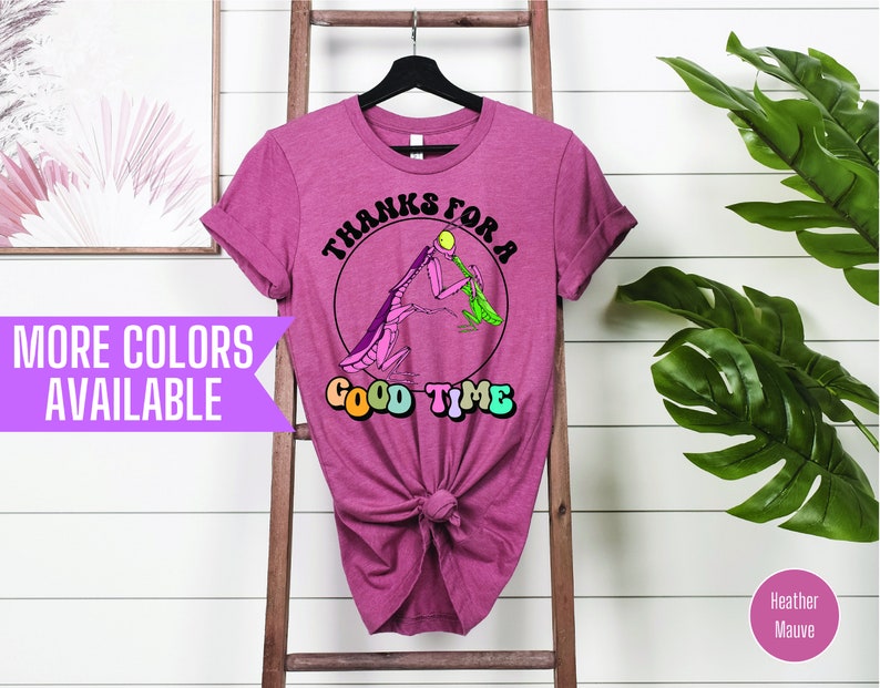 May include: A heather mauve t-shirt with a graphic of a praying mantis holding a green leaf and a yellow ball. The text "Thanks for a Good Time" is printed in a rainbow font around the mantis.
