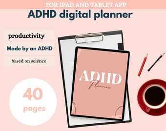Könnte beinhalten: Eine digitale Planer-App für iPad und Tablet, entwickelt für Menschen mit ADHS. Die App hat 40 Seiten und verfügt über ein rosafarbenes und weißes Design mit dem Text "ADHD Planner".