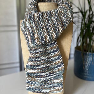 Hand knitted blue and beige scarf, knitted multicolored scarf, long knitted scarf, knitted Christmas gift, unisex scarf, handmade scarf