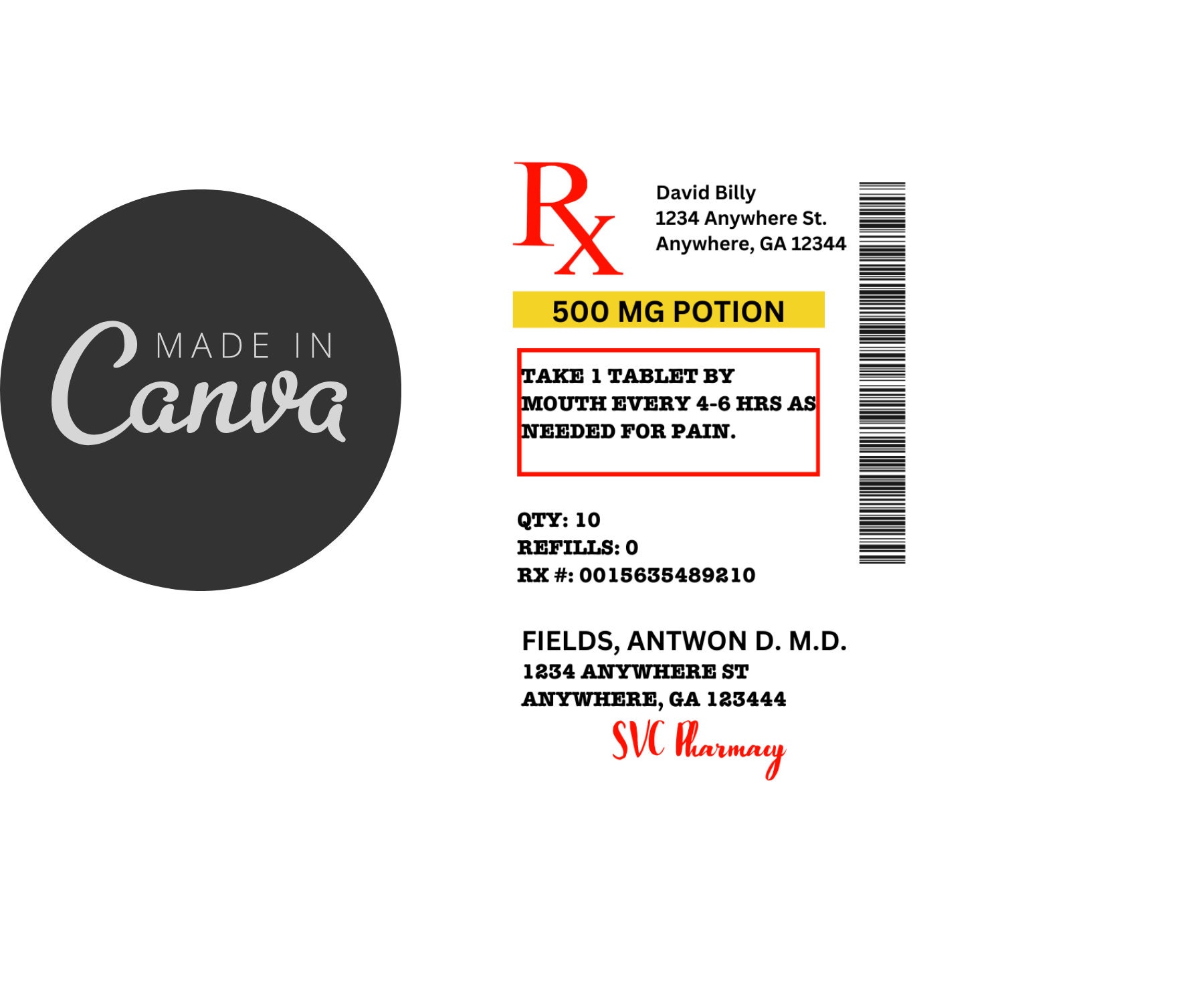 Prescription Label Canva Template, Fully Customizable Template, DIY RX