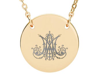 Auspice Maria Engraved Circle Necklace, Gift, Roman Catholic, Aesthetic, Religious, Traditional, Ave Maria, Logo, Symbol, Madonna