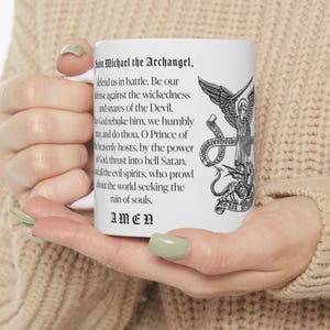 Latin - English St. Michael the Archangel Ceramic Mug 11oz, 15oz, Angel, Catholic Gift, Deacon, Priest, Ordination, Traditional, Military