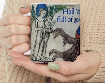 Hail Mary Full of Grace, Punch the devil in the face Ceramic Mug 11oz, 15oz, Catholic Gift, Priest Ordination, Angel, Madonna, Funny, Joke