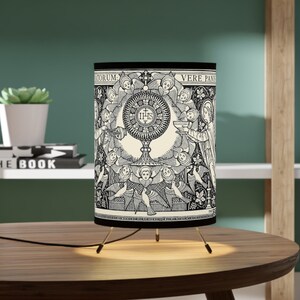 Monstrance with Angels Tripod Lamp with Printed Shade, Catholic, Aesthetic, Latin, Angels, Traditional, Line Art, Priest Gift, Tridentine,