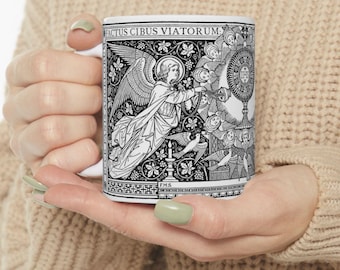 Catholic Monstrance with Angels Ceramic Mug 11oz, 15oz, Latin, Traditional, Line Art, Eucharist, Tridentine, Priest, Deacon, Ordination Gift