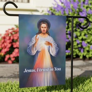 Jesus I trust in You Divine Mercy Garden & House flag, Catholic, Deacon, Priest, Gift, God, Devotion, Faith, Belief, Polish, Aesthetic
