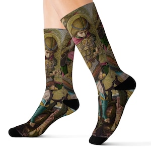 May include: A pair of socks with a colorful pattern featuring a painting of angels. The socks are black with a repeating pattern of the painting.