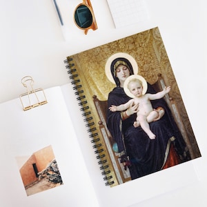 Cuaderno espiral de la Virgen con el Niño, línea de rayas, William-Adolphe Bouguereau, tradicional, pintura, regalo católico, Santísima Virgen María, Jesús