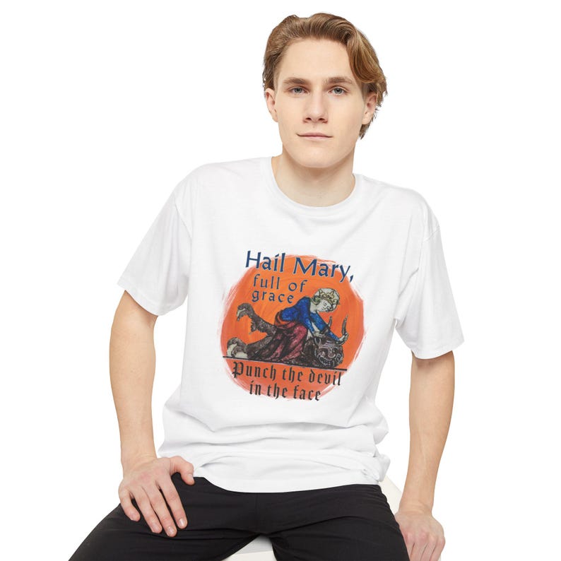 Hail Mary Full of Grace Punch the Devil in the face Tall length Tee Shirt, Casual Wear, Fathers Day, Priest, Deacon, Catholic, Funny, Comedy image 2