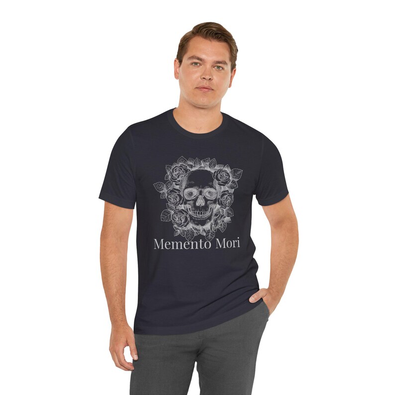 Skull and Roses T-Shirt, Memento Mori Gothic Floral Tee, Catholic Christian Gift, Unisex Bella Canvas Jersey Short Sleeve image 3