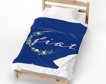 Fiat - Velveteen Plush Blanket - Catholic Gift, Traditional, Roses, Blessed Virgin Mary, Latin, Let it be done, Blue, Confirmation Gift
