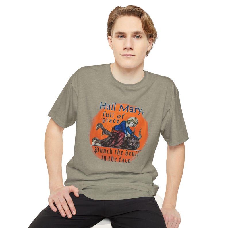 Hail Mary Full of Grace Punch the Devil in the face Tall length Tee Shirt, Casual Wear, Fathers Day, Priest, Deacon, Catholic, Funny, Comedy image 1