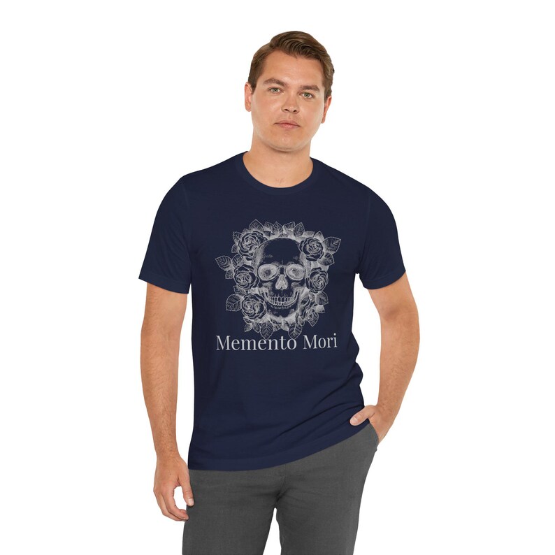 Skull and Roses T-Shirt, Memento Mori Gothic Floral Tee, Catholic Christian Gift, Unisex Bella Canvas Jersey Short Sleeve image 5