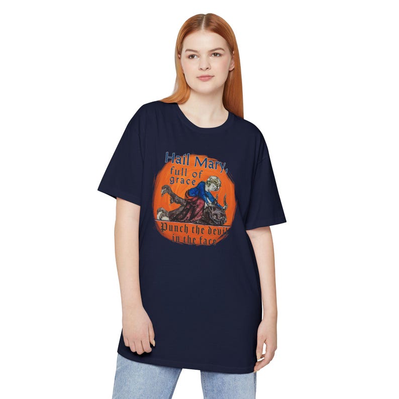 Hail Mary Full of Grace Punch the Devil in the face Tall length Tee Shirt, Casual Wear, Fathers Day, Priest, Deacon, Catholic, Funny, Comedy image 6