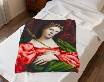 Saint Catherine  - Velveteen Plush Blanket - Lorenzo Lotto, Italian Renaissance, Fine Art, Traditional, Martyr, Painting, Catholic Gift