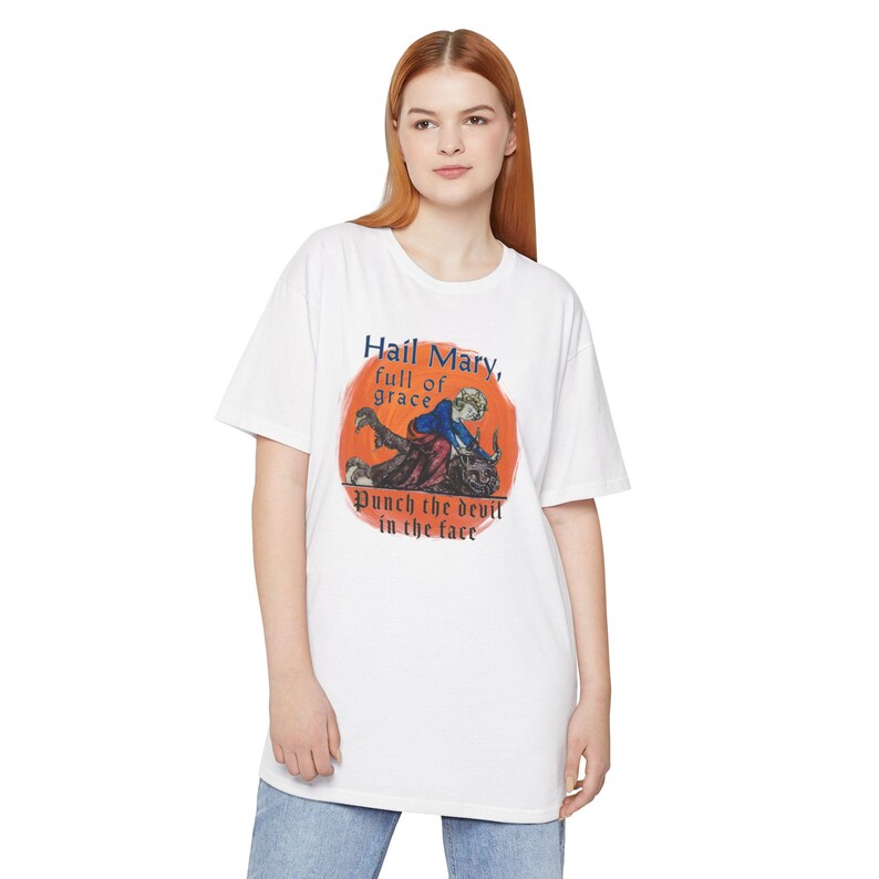 Hail Mary Full of Grace Punch the Devil in the face Tall length Tee Shirt, Casual Wear, Fathers Day, Priest, Deacon, Catholic, Funny, Comedy image 19