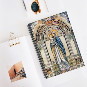 Cuaderno espiral con la Virgen y el Niño, línea rayada, regalo católico, diácono, sacerdote, Jesús, Jeanne Labrousse, Art Nouveau, Virgen María, tradicional