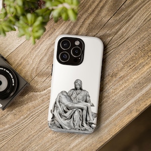 Witte telefoonhoes Pieta van Michelangelo, iPhone, Google Pixel, Samsung Galaxy, katholiek geschenk, priester, esthetiek, Jezus, Madonna, vasten, Pasen
