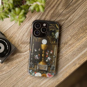Monstrans omringd door fruit en bloemen Telefoonhoesje, iPhone, Google Pixel, Samsung Galaxy, Katholiek cadeau, Eucharistie, Esthetiek, Schone kunsten