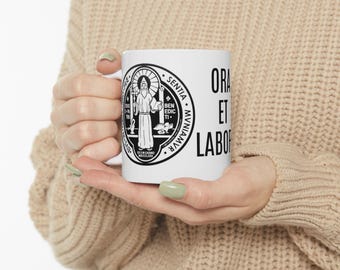 Saint Benedict Medal Ceramic Mug 11oz 15oz, Latin, Catholic, Ora et Labora, Motto, Traditional, Priest, Deacon, Ordination Gift, Benedictine