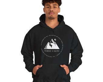 Verso l'alto Hooded Sweatshirt, Confirmation Gift, To the heights - Bl. Pier Giorgio Frassati, Catholic Quote, GORPcore, Mountain Hiking