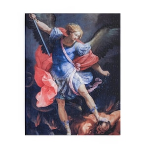 May include: A painting of an angel with wings, wearing a blue and red robe, holding a sword and a chain, standing over a defeated demon.