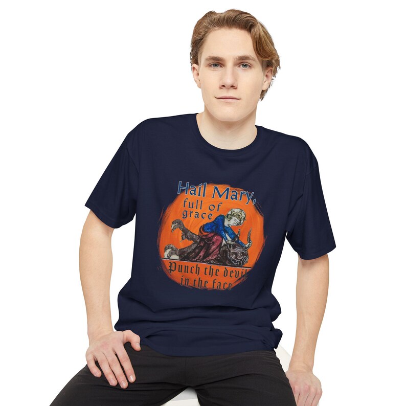Hail Mary Full of Grace Punch the Devil in the face Tall length Tee Shirt, Casual Wear, Fathers Day, Priest, Deacon, Catholic, Funny, Comedy image 18