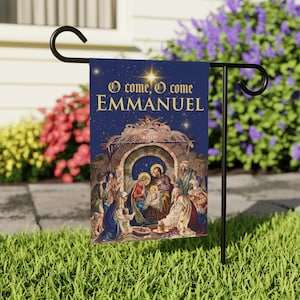 Bandiera da giardino con presepe "O Come Emmanuel", regalo di Natale cattolico cristiano, stendardo per il giardino della Sacra Famiglia.
