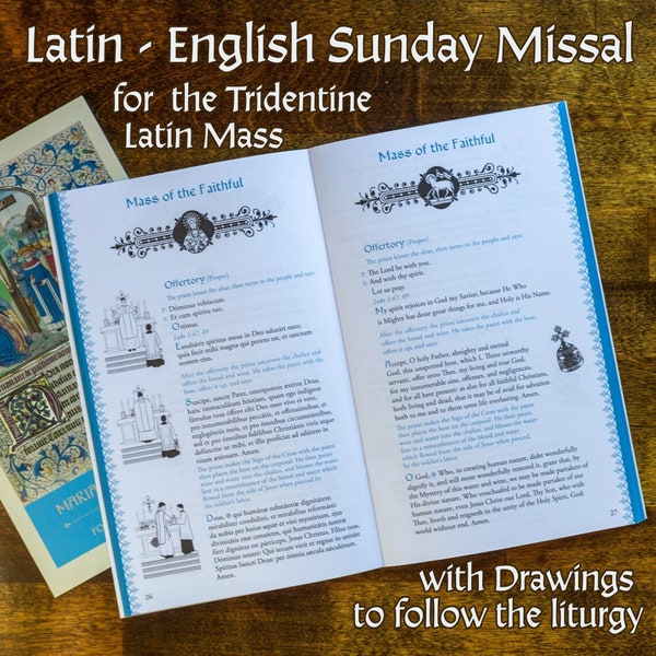 Latin English Missal for Tridentine Traditional TLM Catholic Mass with prayers, Marian Sunday Missal, Gift, Liturgy drawings, SSPX, FSSP