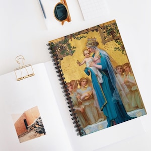 Cuaderno espiral Virgen con el Niño y ángeles, línea de rayas, Enric Monserday Vidal, tradicional, pintura, regalo católico, Virgen María, Jesús