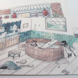 Un conjunto de 2 postales de gatos: Sake, baño caliente y tienda de ramen