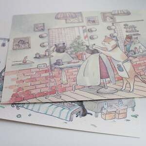 2 Katzen Postkarten mit dem Schriftzug: Barber Shop & Grocery Shopping