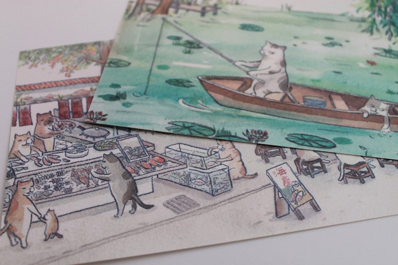 A Set of 2 Cats Postcards: Fishing Boat & Seafood Vendor - Etsy