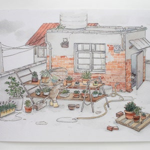 Watercolor Cats Print: Rooftop Garden