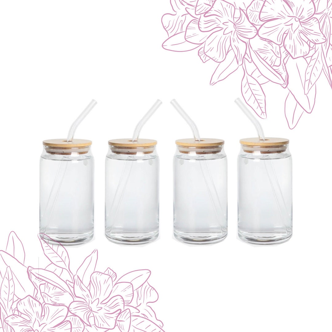 Glass Cups With Bamboo Lids & Straws 4 pc 16oz can shaped glass bottle  sleeve