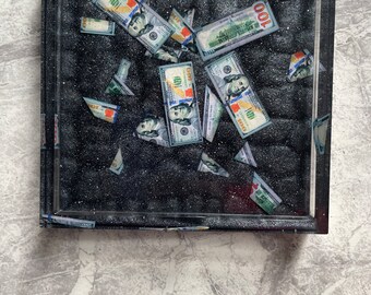 Square Money Coaster. Resin Trinket Dollar Dish in Glitter Dark Grey.  Small Gift for Him.