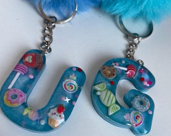Candy Keyring/Keychain (Personalised) Letter Gift - Handmade in Glittery Blue & Replica Candy Inserts. Cute Small Gift for Kids