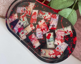 Custom Resin Tray - Blood Money. Handmade Oval Trinket/Jewellery Dish in Black & Red. Quirky Dish for Small Items, Cool Gift