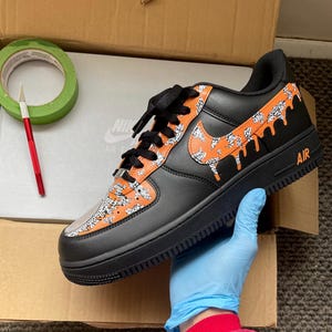 Drippy Mandala Air Force 1s Handpainted in black and orange With Exclusive Custom Freestyle Design + Drips. (Unique Custom Sneakers)