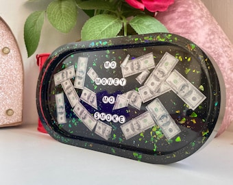 Custom Money Trinket/Rolling Tray Handmade in Black Holographic Design with Quirky Letterbead Quote.