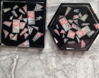 British Currency Coasters. Handcrafted in a Black/Red Cash Art Theme in Square and Hexagon Shape. Home Art Decor Gift