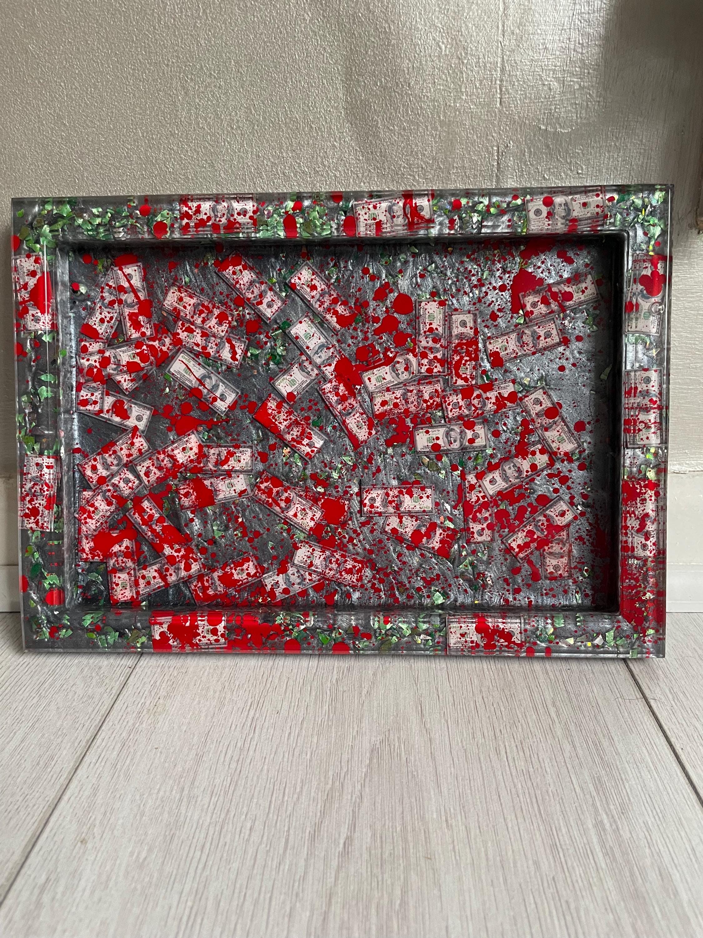 Dark Grey Rectangular Custom Resin Tray. Handmade in Exclusive Blood Money Glitter Theme.