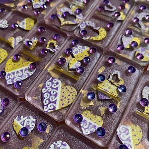 Handmade Purple Resin Dominoes Set: Painted Hearts & Rhinestones